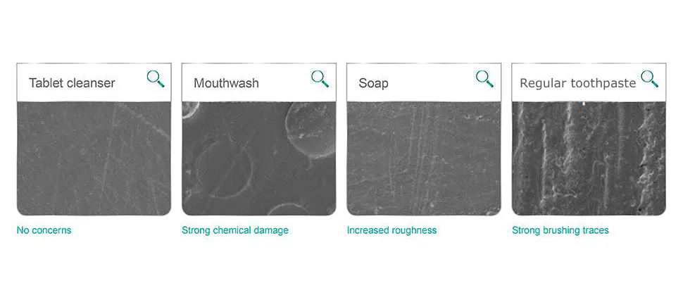 Denture polymers after soaking and brushing