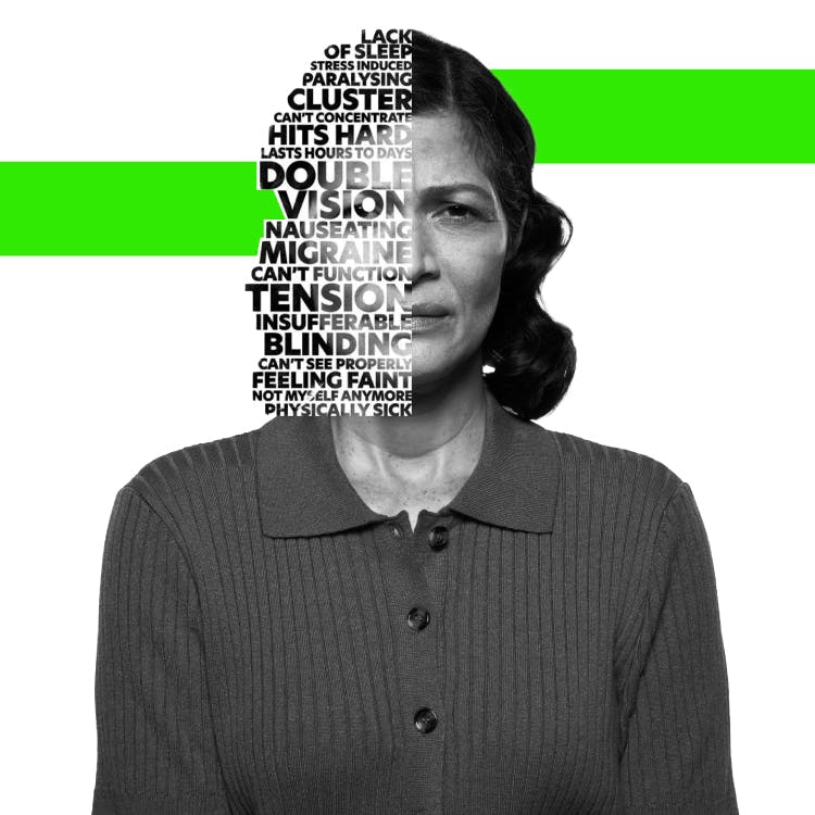 Headshot of a woman around middle age frowning in pain