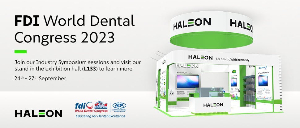 3D visualisation of the Haleon stand FDI, with Haleon and FDI logos