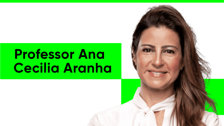 Headshot of Professor Ana Cecilia Aranha, a woman with long brunette hair. She wears a black and white sleeveless printed dress.