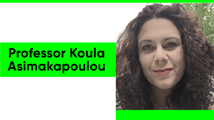 Headshot of Professor Koula Asimapoulou, a white woman with brunette curly hair. She wears a blue T-shirt or dress with a silver necklace