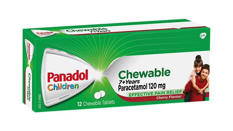 Children’s Panadol 7+ years Chewable Tablets pack shot