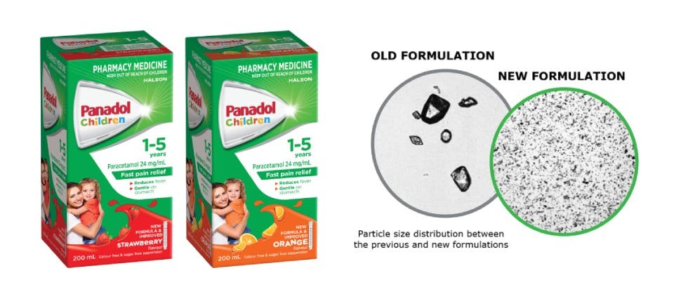 Particle size distribution between the previous and new formulations