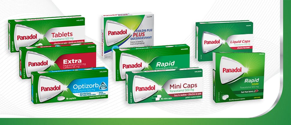 Packshots of Panadol product range for adults; Panadol mini caps, Panadol tablets, Panadol Extra, Panadol Optizorb, Panadol Rapid, Panadol Liquid caps, Panadol cold & flu, Panadol Rapid