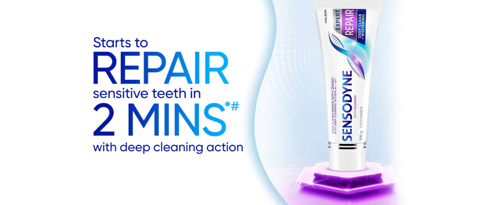 Sensodyne banner featuring a tube of Sensodyne Expert Repair Toothpaste 