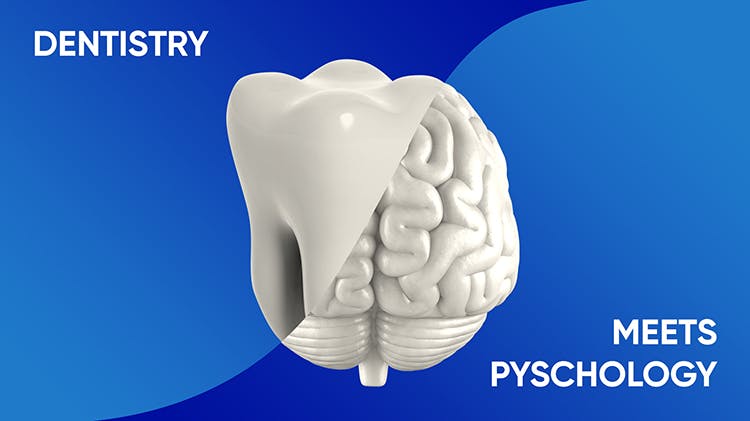 Graphic image of a tooth and a brain on a blue background with the text “dentistry meets psychology”