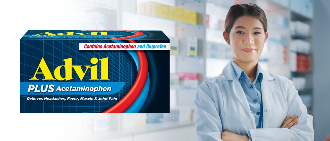 Advil Plus Acetaminophen product next to healthcare professional