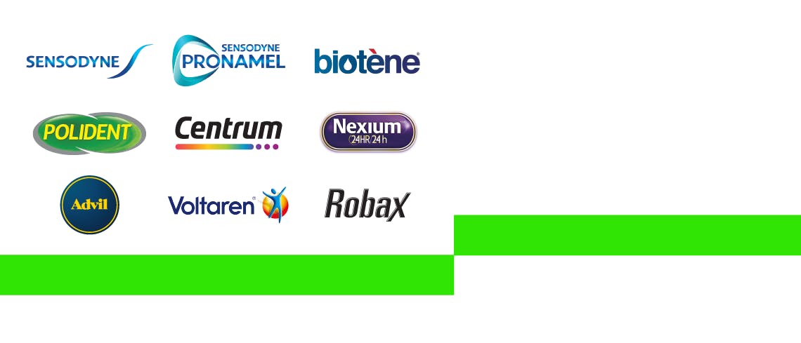 Brand logos of Sensodyne, ProNamel, Biotene, Polident, Centrum, Nexium, Advil, Voltaren and Robax.