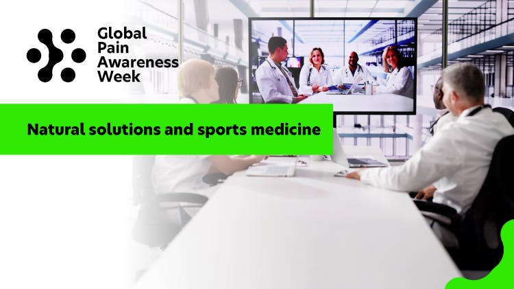 Image of a group of doctors attending a video conference call, overlaid with the text “day 3: natural solutions and sports medicine” 