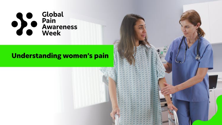 Image of a female doctor helping a female patient wearing a hospital gown with physical exercise , overlaid with the text “day 4: understanding women’s pain”.