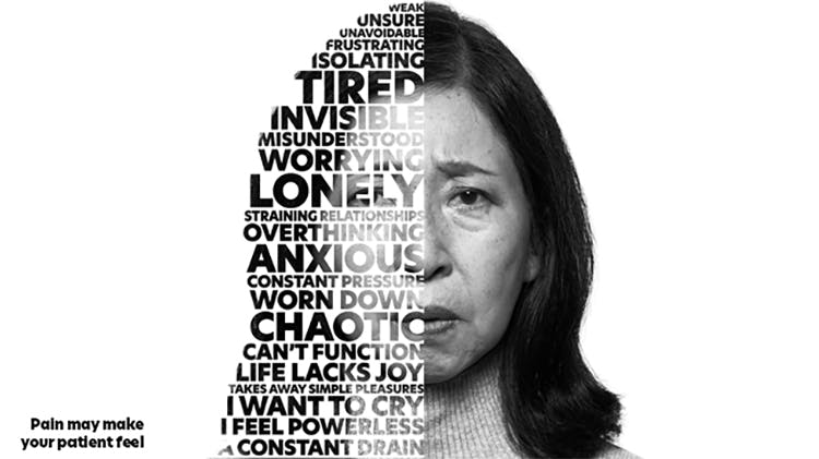 Graphic of a woman looking in pain overlaid with words used to describe their pain