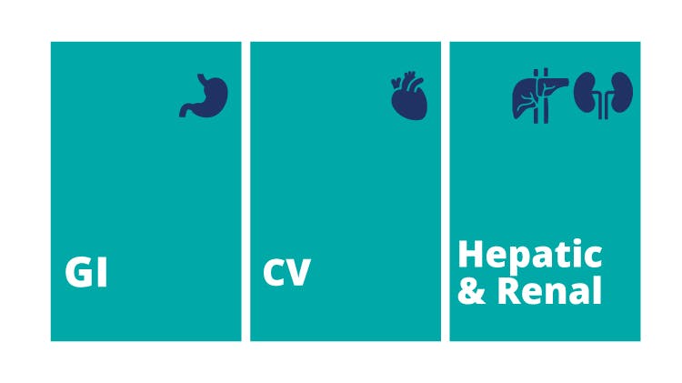 Gastrointestinal, cardiovascular, hepatic, and renal icons