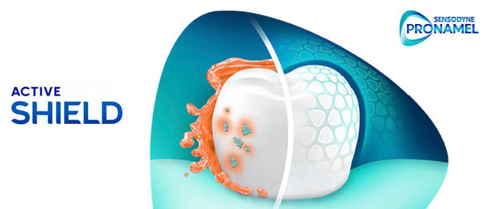 Graphic showing the protective action of Pronamel Active Shield fluoride toothpaste on a tooth