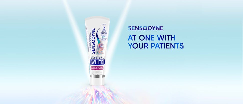 Sensodyne banner featuring whitening toothpaste packaging with the text “At one with your patients”