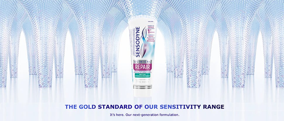 SENSODYNE banner featuring a tube of the new SENSODYNE Clinical Repair Toothpaste and the text “The gold standard of our sensitivity range”