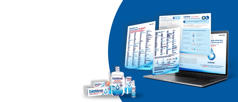 Banner displaying the full range of Biotène products arranged on a white background with blue accents