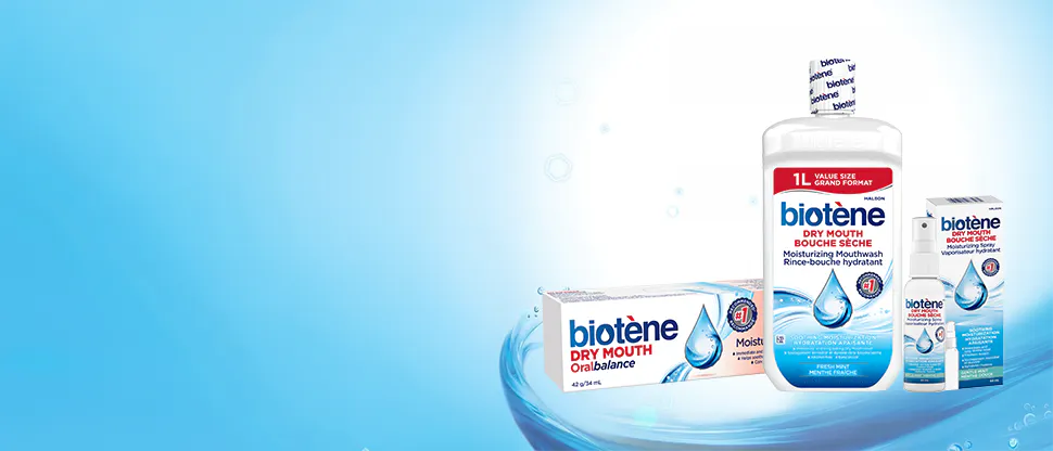 Graphic image of Biotène product range featuring Biotène Dry Mouth Oralbalance Moisturizing Gel, Biotène Toothpaste, Biotène Moisturizing Mouthwash and Biotene Dry Mouth Moisturizing Spray