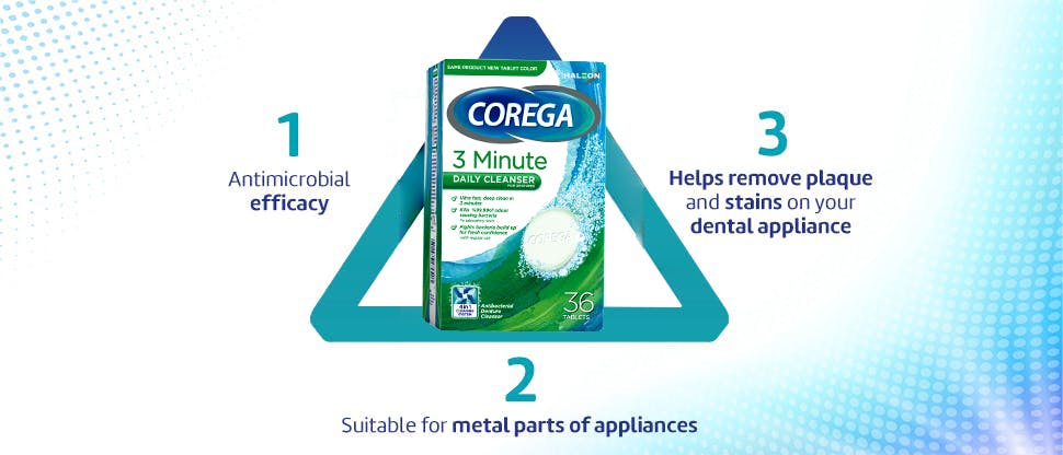 Corega denture cleanser action: antimicrobial efficacy, removes plaque and stains, suitable for appliances with metal parts