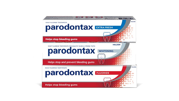 Packaging of the parodontax toothpaste product range, formulated with sodium bicarbonate to aid plaque removal. 