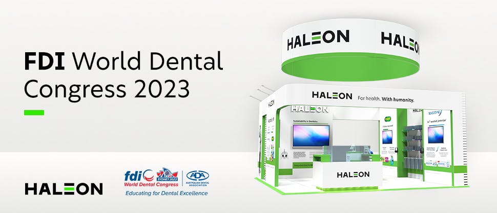 3D visualisation of the Haleon stand at FDI, with Haleon and FDI logos