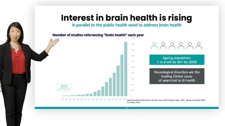 Woman with dark hair presenting a slide with a bar chart showing how the number of studies on brain health has more than double in the last century 