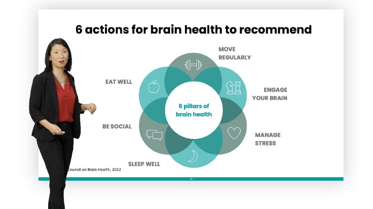 Woman with dark hair presenting a slide with an infographic describing 6 actions for brain health – exercise, keep your brain active, manage stress, sleep well, be social and eat well 