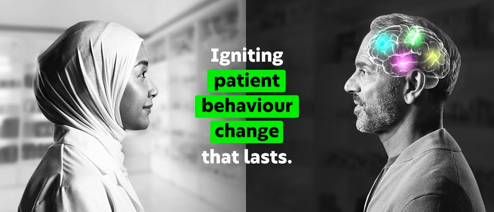 Pharmacist and a patient in profile looking at each other. Igniting patient behaviour change that lasts