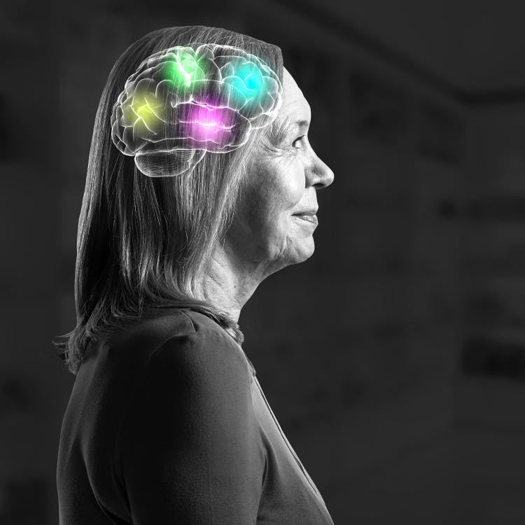 An image of a lady with brain graphic