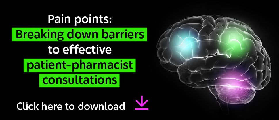 Graphic of brain with headline ‘Pain points: Breaking down barriers to effective patient–pharmacist consultations’