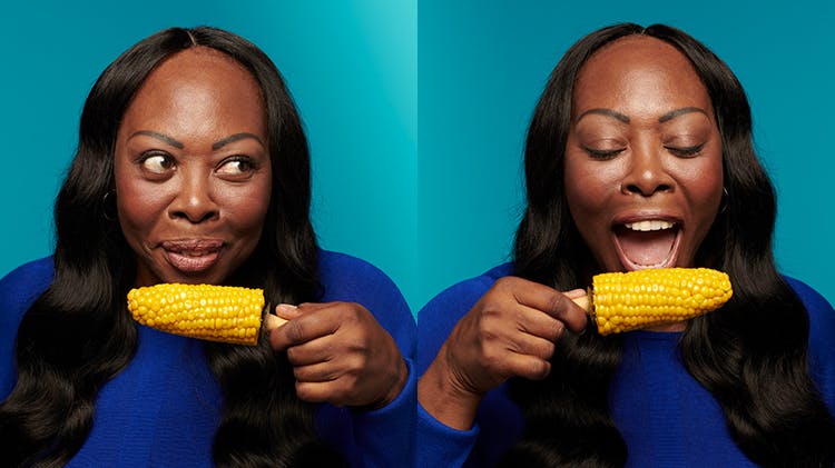 Poligrip user and denture wearer Lynn eating a corn on the cob