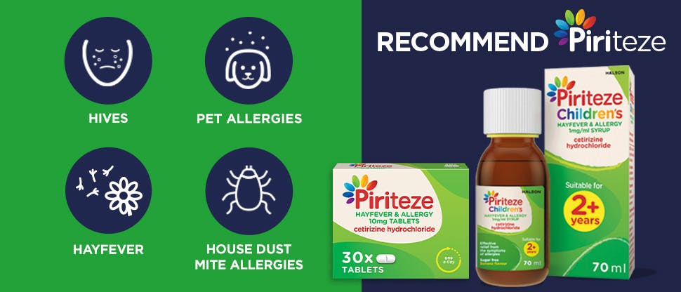 Image of product with icons to show the types of allergies relieved by Piriteze