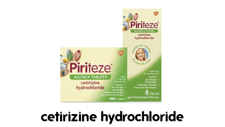 Piriteze liquid and tablet packs 