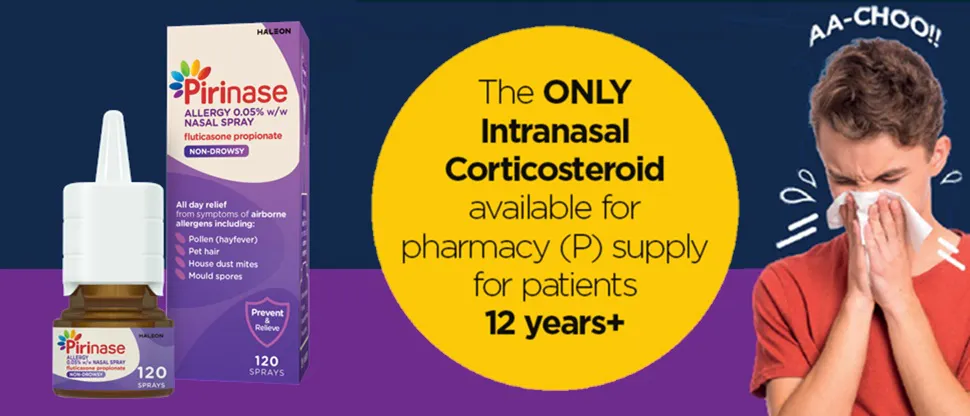Image of teenage boy sneezing. Written is “the ONLY INCS available for Pharmacy supply for patients 12+” next to the Pirinase packshot. 