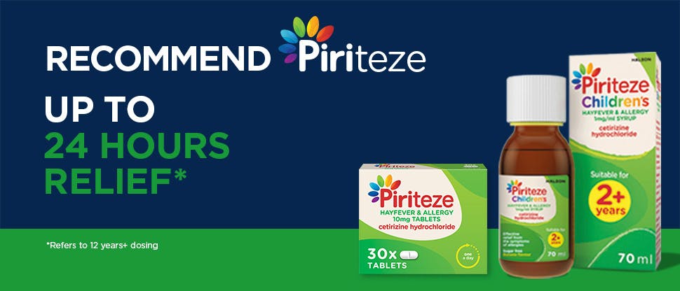 Piriteze packshot with “up to 24 hours relief” written next to it