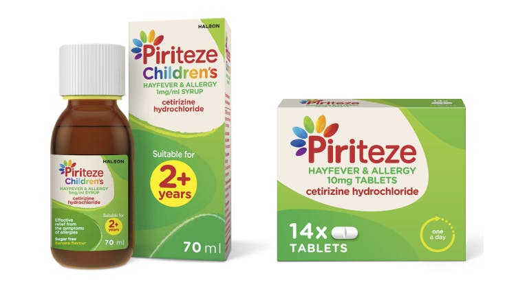 Pack shot of Piriteze Syrup and Piriteze Tablets