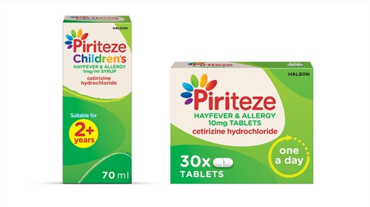 Pack shot of Piriteze Syrup and Piriteze Tablets