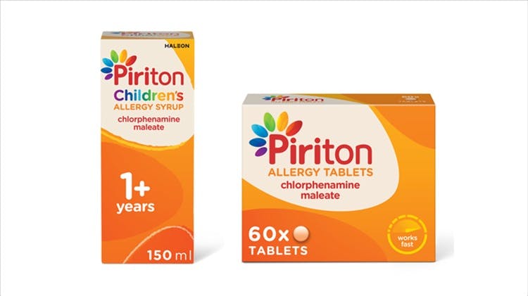 Pack shot of Piriton Syrup and Piriton Tablets