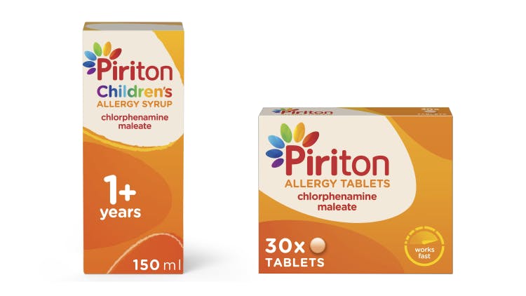 Pack shot of Piriton Syrup and Piriton Tablets