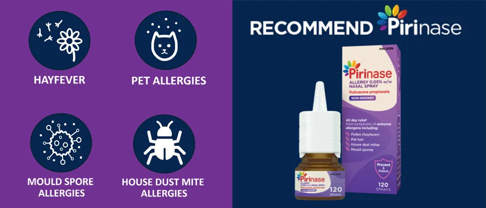 Pirinase Packshot next to icons that resemble the allergies relieved by Pirinase