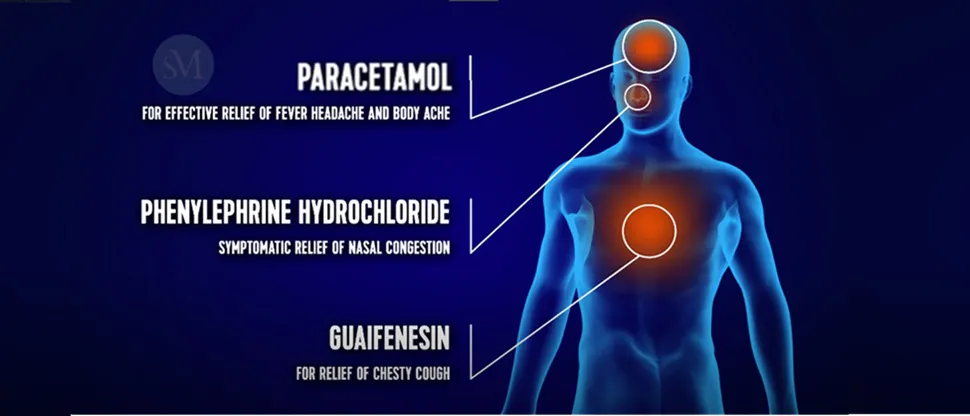 Image of a body showing Haleon Cold and Flu Nurse ingredients and which symptoms they relieve
