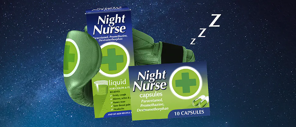 Image of Night Nurse Liquid and Capsules on a night sky