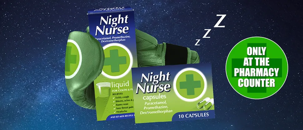 Boxing glove in the night Sky holding both formats of Night Nurse