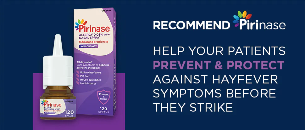 Packshot of Pirinase with the words “help patients prevent & protect against hayfever symptoms before they strike”