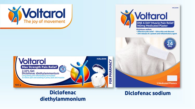 Packshot of Voltarol Max Strength Pain Relief 2.32% gel and Voltarol one a day muscle pain relief 140mg medicated plaster	