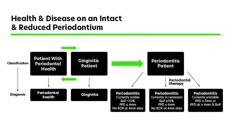 Health and disease on an intact and reduced periodontium