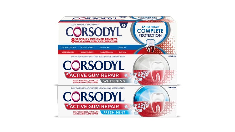 Packaging of the Corsodyl toothpaste product range, formulated with sodium bicarbonate to aid plaque removal. 