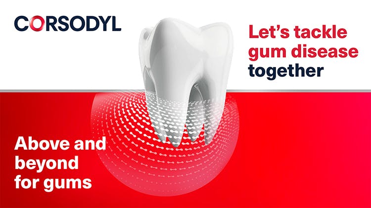 Graphic image of a tooth with its roots exposed, with the Corsodyl logo plus the text “let’s tackle gum disease together” and “above and beyond for gums”