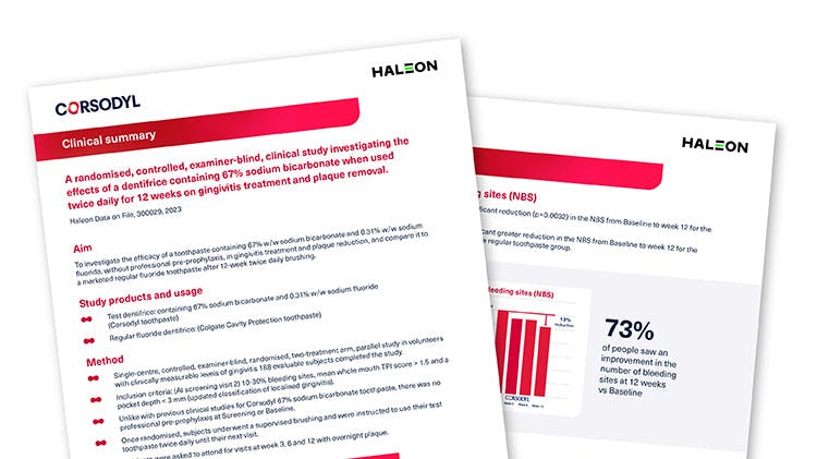 Image of a clinical summary paper which has a parodontax and Haleon logo with the title “A randomised, controlled, examiner blind, clinical study investigating the effects of a dentifrice containing 67% sodium bicarbonate when used twice daily for 12 weeks on gingivitis treatment and plaque removal.”