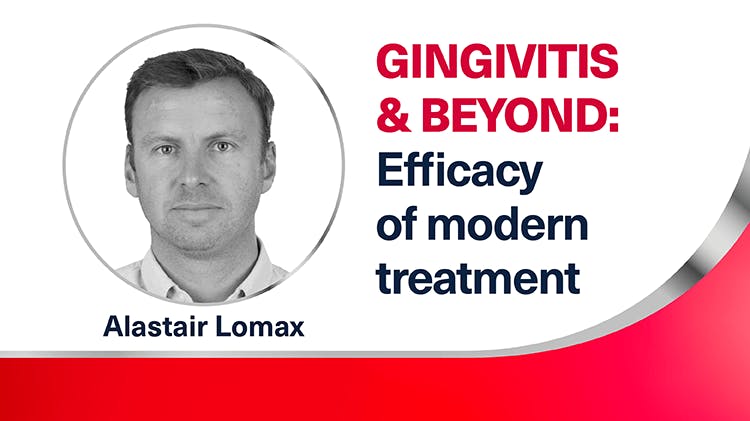 Image of Alastair Lomax, inside a red circle outline next to the text “Gingivitis & beyond: efficacy of modern treatment”
