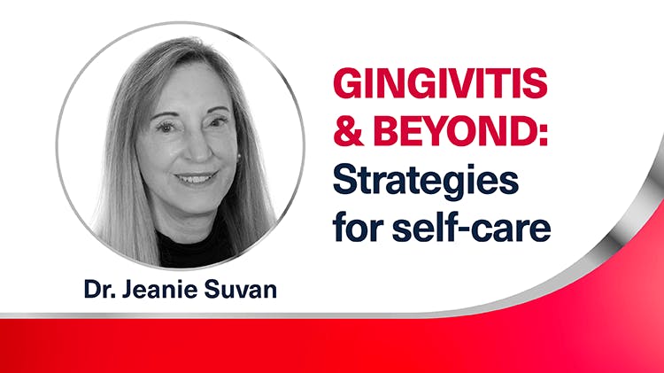 Image of Dr. Jeanie Suvan, a middle-aged white woman with long blonde hair next to the text “gingivitis & beyond: strategies for self-care”